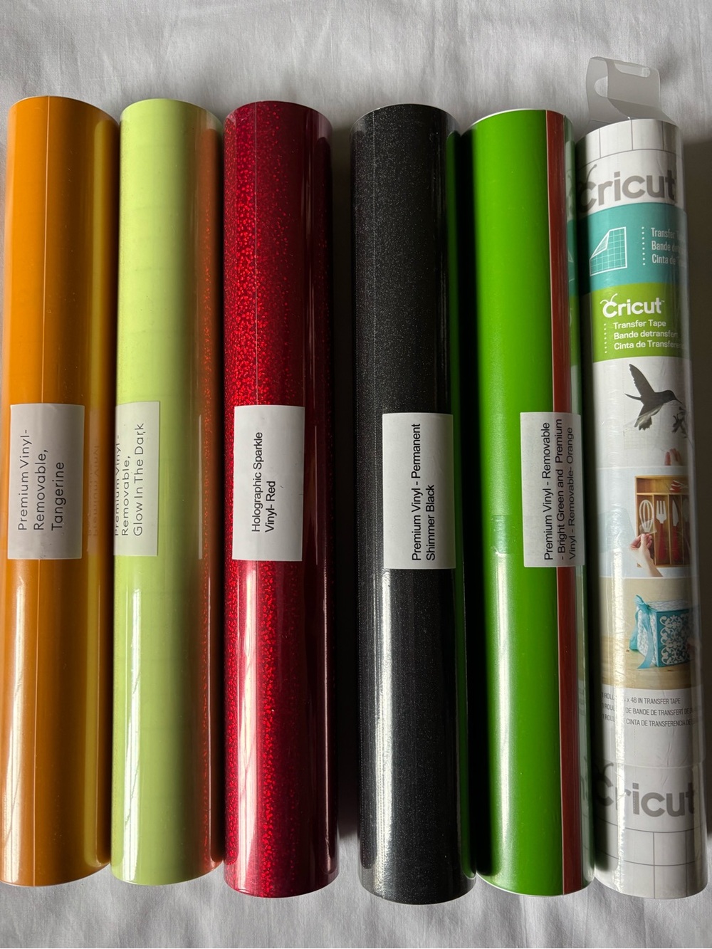 Cricut Vinyl Rolls in Orange, Lime, Red Glitter, Black, Bright Green, White